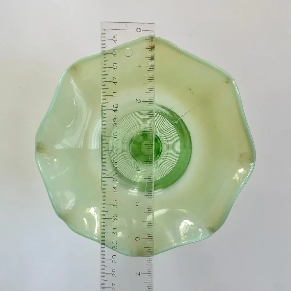 VTG 60s Northwood Glass Green Opalescent Roulette Vase Ruffled Edge Candy Dish